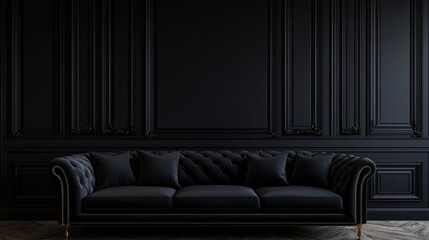 Black sofa and armchairs against of black classic paneling wall Art deco style interior design of modern living room