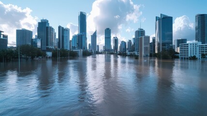 Fototapeta premium A city skyline partially submerged in floodwaters, with skyscrapers reflecting in the water under a cloudy blue sky.