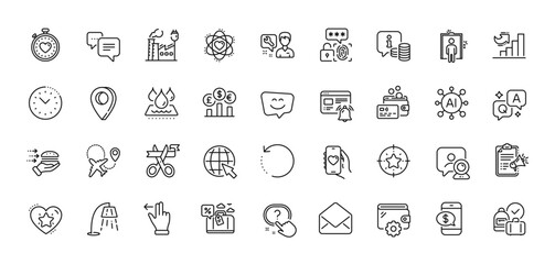 Factory, Wallet and Internet line icons pack. AI, Question and Answer, Map pin icons. Waterproof, Time management, Dots message web icon. Card, Star target, Travel loan pictogram. Vector