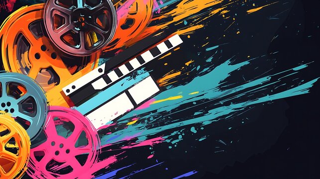 Colorful movie reels and clapperboard with paint splashes on black background.