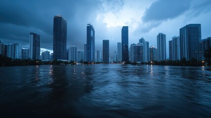Obraz premium A moody cityscape featuring tall skyscrapers reflected in floodwaters under a dramatic stormy sky.