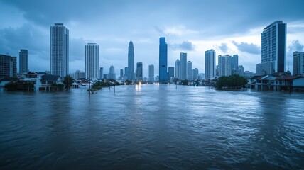 Naklejka premium A skyline view shows flooded buildings under a cloudy sky, highlighting the impact of rising water levels in an urban environment.