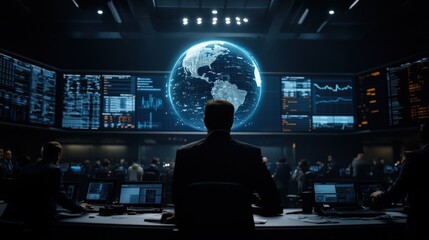 A bustling high-tech control center with numerous screens showing various data points and a prominent global interface, symbolizing advanced monitoring and control technology.