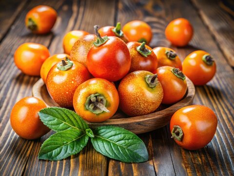 Fresh tejocote fruit rests on a wooden surface, highlighting its vivid hues and unique texture, inviting admiration for both its appearance and natural beauty.