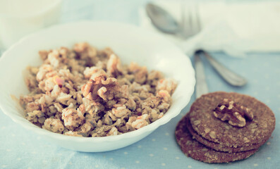 Plate with cereal porridge for breakfast