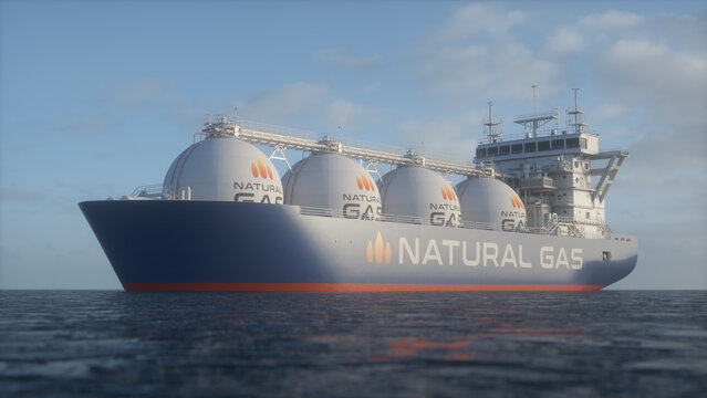 Cargo ship loaded with LNG natural gas sailing on the sea. Realistic 3D render.