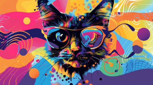 Creative illustration of a cat head wearing eyeglasses surrounded by abstract elements on a vibrant colorful background, perfect for modern design projects, quirky digital art, and playful visual conc