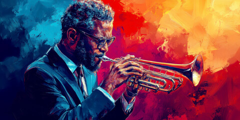 Posters depicting jazz musicians playing against a backdrop of the setting sun. AI generative.