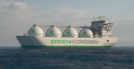 Global transport of green hydrogen. Cargo ship with tanks. Realistic 3D render.