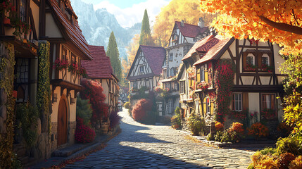 Fototapeta premium Charming background with a road through an old village, featuring traditional architecture, cobblestone streets, and historic charm