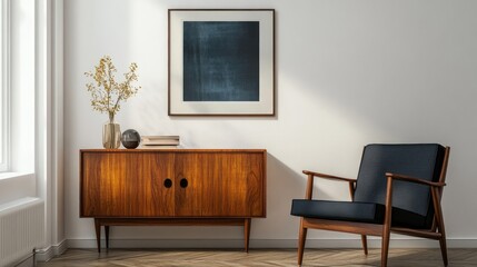 Chair near wooden cabinet and art poster on white wall Interior design of mid-century living room