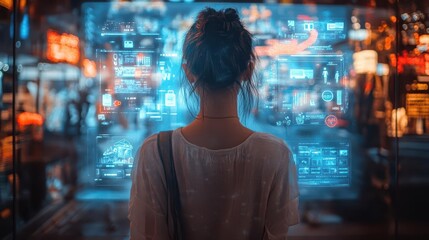 holographic shopping interface floating in futuristic room user interacting with 3d product projections glowing payment symbols