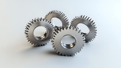 Closeup of four metal gears interlocked on a white background.