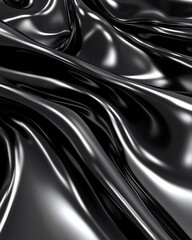 A close-up view of flowing black fabric with a shiny, reflective surface.