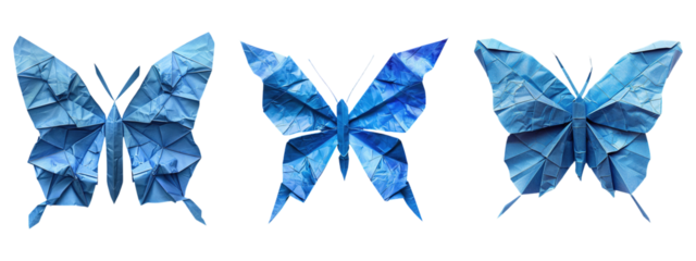 Blue Origami Butterflies Set on Transparent Background