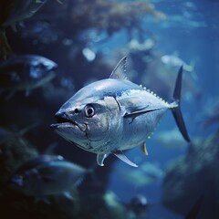 Bluefin Tuna Swimming in Open Ocean Waters at Local Aquarium, Exhibit Showcasing Marine Predator