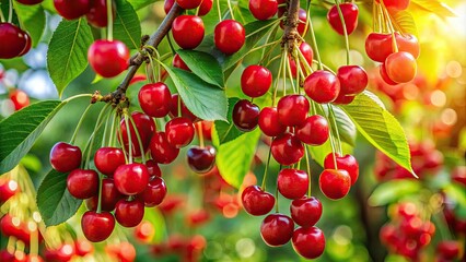 Lush cherry tree bursting with vibrant red fruits, swaying gently among the rich green leaves, creating a picturesque scene of summer's sweet promise in full bloom.