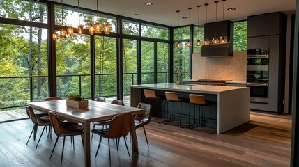 Fototapeta premium Modern kitchen and dining area with large windows overlooking a forest.