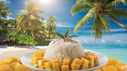 Obraz premium A plate of sticky rice with mango and a tropical beach in the background.