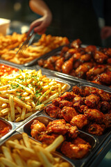 A woman at the diner putting on fries and chicken wings. AI generative.