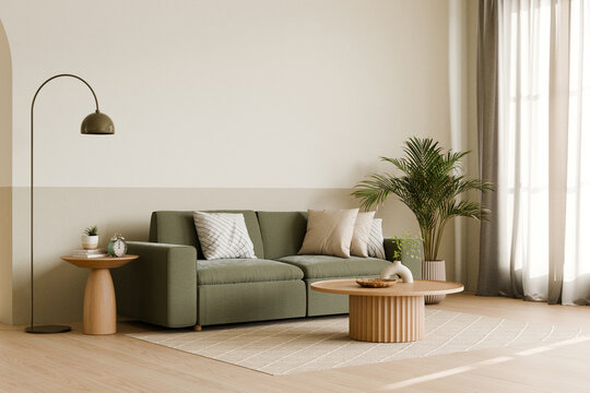 Modern living room with green sofa and round table. 3d render.