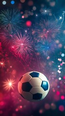 Naklejka premium A soccer ball is floating in the air above a fireworks display