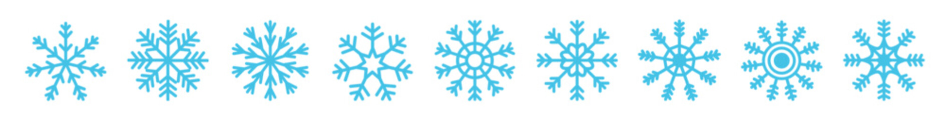 Blue snowflake icon set line banner. Different shape. Snowflakes collection. Cute funny snow flake winter sign symbol template. Childish style. Flat design. Isolated. White background. Vector
