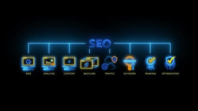 Glowing neon line banner of SEO concept with icons of web, analysis, content, backlink, keyword, traffic, ranking and optimization isolated on transparent background.