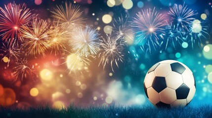 Fototapeta premium A soccer ball is on a field with fireworks in the background