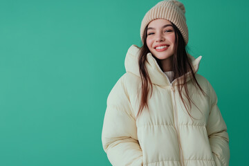Photo of a cheerful young woman wearing an oversized puffer jacket and beanie, isolated on a pastel green background