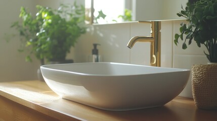 Fototapeta premium Close up of white ceramic rectangle vessel sink on wooden vanity and brass faucet Minimalist interior design of modern bathroom