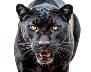 black leopard, walking towards, staring at the camera and showing his teeth, isolated on white background ,