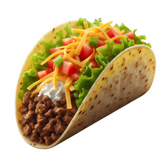 A soft taco with seasoned beef, lettuce, shredded cheese, and diced tomatoes, on a transparent background