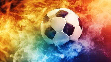 Fototapeta premium A soccer ball is in the middle of a fire, surrounded by smoke