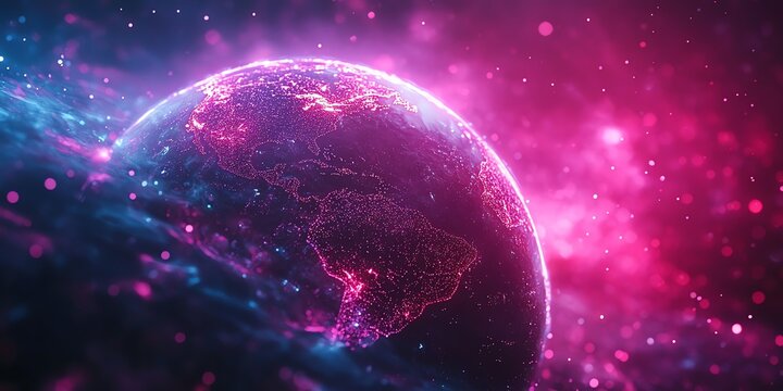 A digital rendering of Earth with glowing pink and blue highlights against a cosmic background.