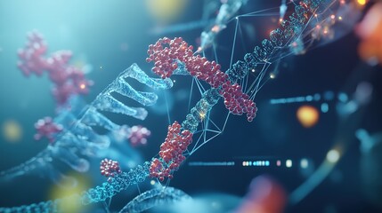 A vibrant illustration of molecular structures, showcasing DNA strands and proteins, illustrating complex biological processes.