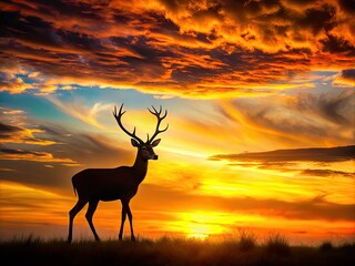 Obraz premium Majestic wildlife silhouettes rise against a stunning sunset, framed by a lush landscape that exudes tranquility and warmth, creating a serene, captivating atmosphere.