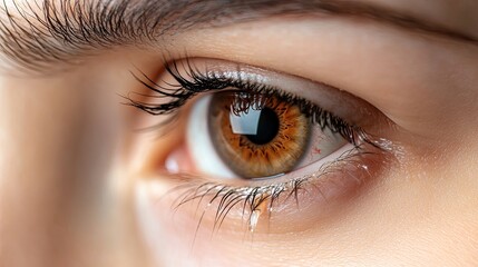 Obraz premium A close-up of a human eye showcasing its vivid detail, including the iris texture, eyelashes, and reflection, emphasizing the beauty and complexity of the eye.