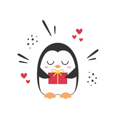 Penguin character cartoon gift love heart happy smile holiday cute vector illustration.