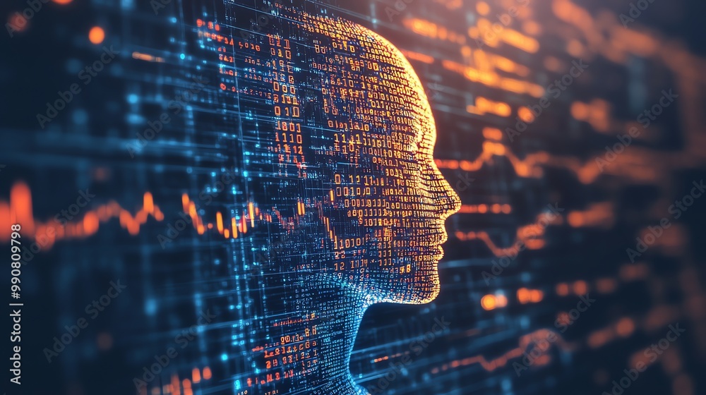 Poster a digital representation of a human head formed from binary code, symbolizing the intersection of te