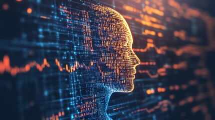 A digital representation of a human head formed from binary code, symbolizing the intersection of technology and humanity.
