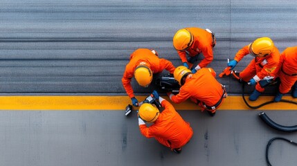 A team of workers in orange suits collaborates on a project, showcasing teamwork and safety efforts on a paved surface.