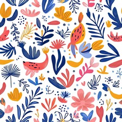 A vibrant, floral pattern featuring colorful leaves and whimsical shapes on a white background, creating a cheerful and lively design.