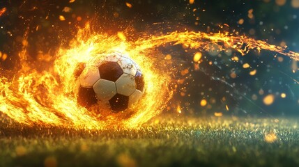 Fototapeta premium A soccer ball is on fire and is surrounded by flames
