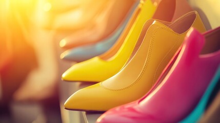 Obraz premium Row of colorful high heels in bright sunlight