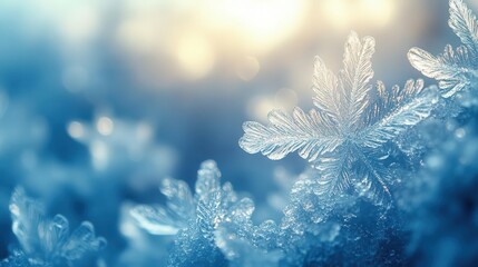 intricate frost patterns on window pane backlit by soft dawn light delicate ice crystals form swirling fractals and feathery designs dreamy winter atmosphere with cool blue tones