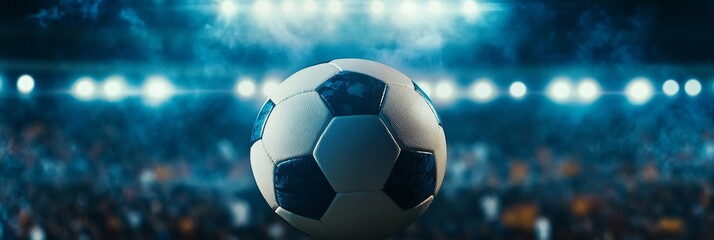 A soccer ball is in the center of a stadium full of people