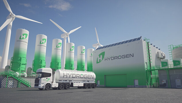 Green hydrogen production plant. Realistic 3D render.