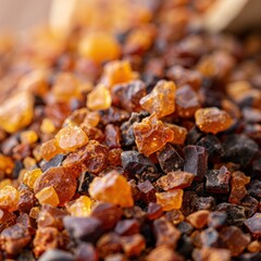 Closeup of myrrh extract with resin pieces.