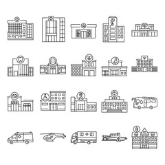 Medical buildings and transport black line icons set.
